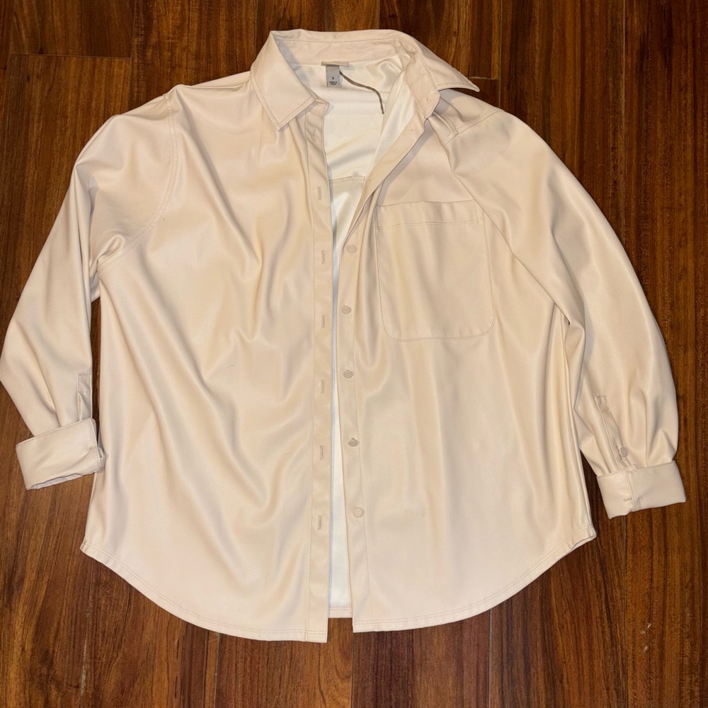 Light Beige Faux Leather Oversized Button-Up Shirt